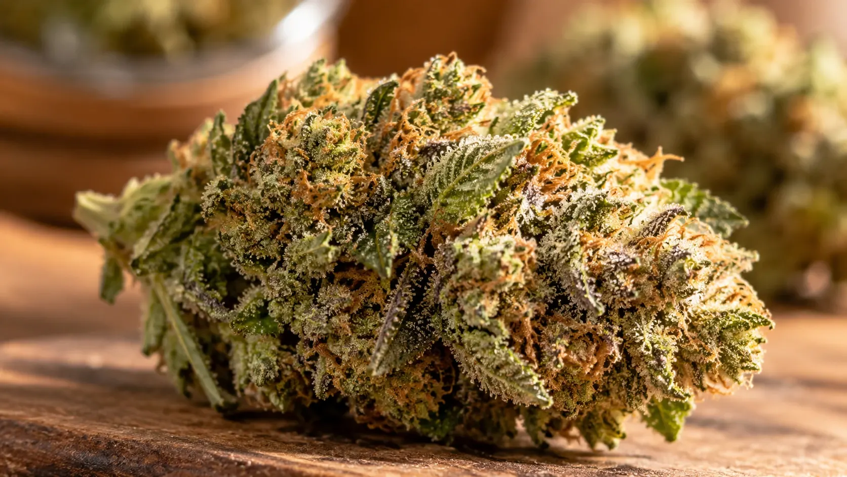 Flor de CBD en primer plano con tricomas visibles