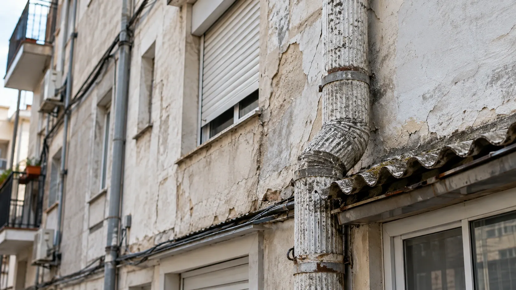Fachada de un edificio antiguo con signos de desgaste y posible presencia de amianto en un entorno urbano.