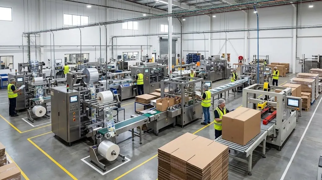Planta industrial con trabajadores operando maquinaria de embalaje y cintas transportadoras.