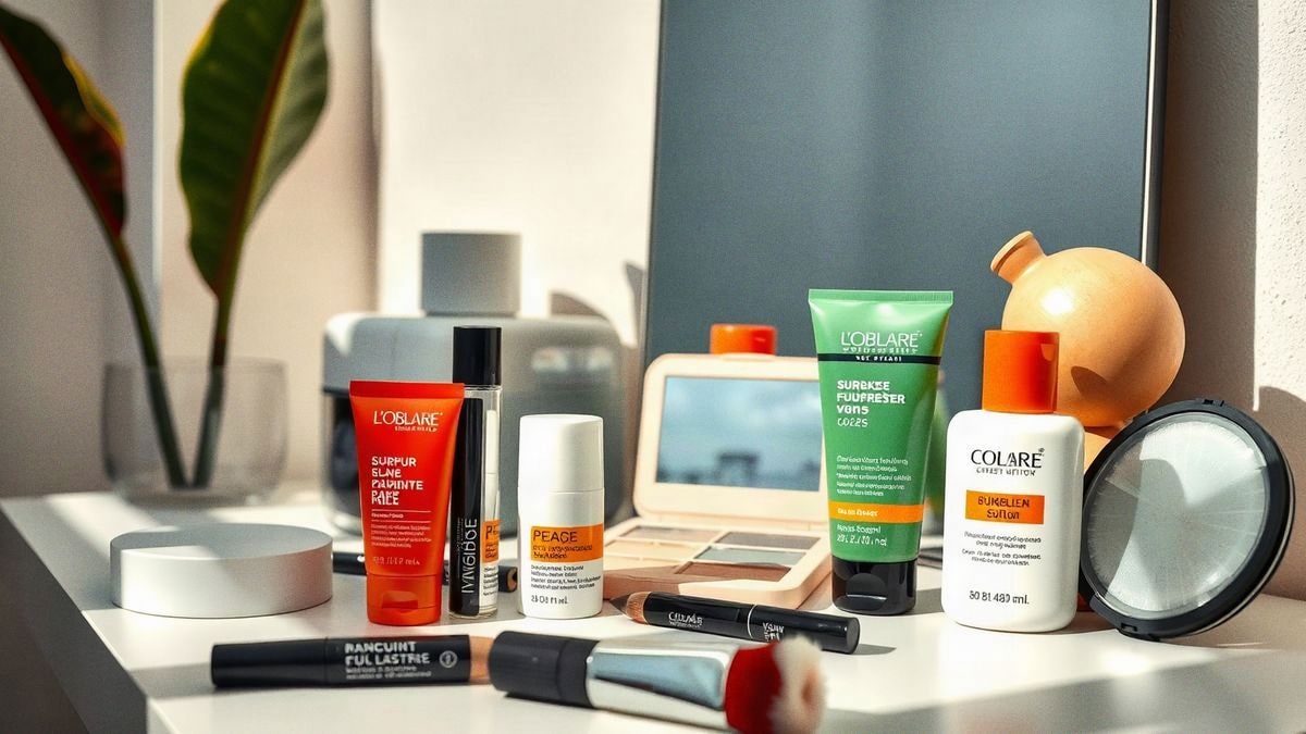 Un tocador iluminado con productos de maquillaje con protección solar y una planta tropical al fondo.