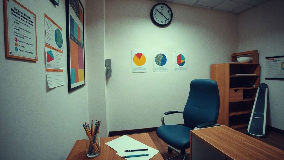 Consultorio acogedor de neuropsicología con herramientas de evaluación y gráficos coloridos en las paredes.