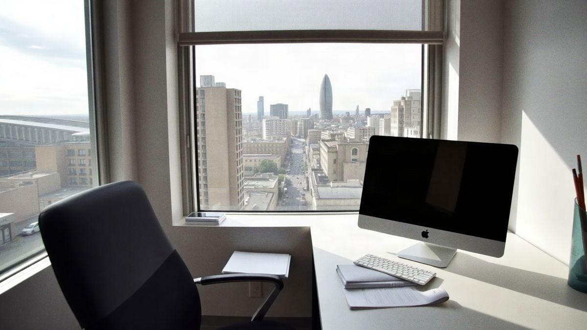 Oficina moderna en Barcelona con escritorio, computadora y vista del skyline a través de una gran ventana.