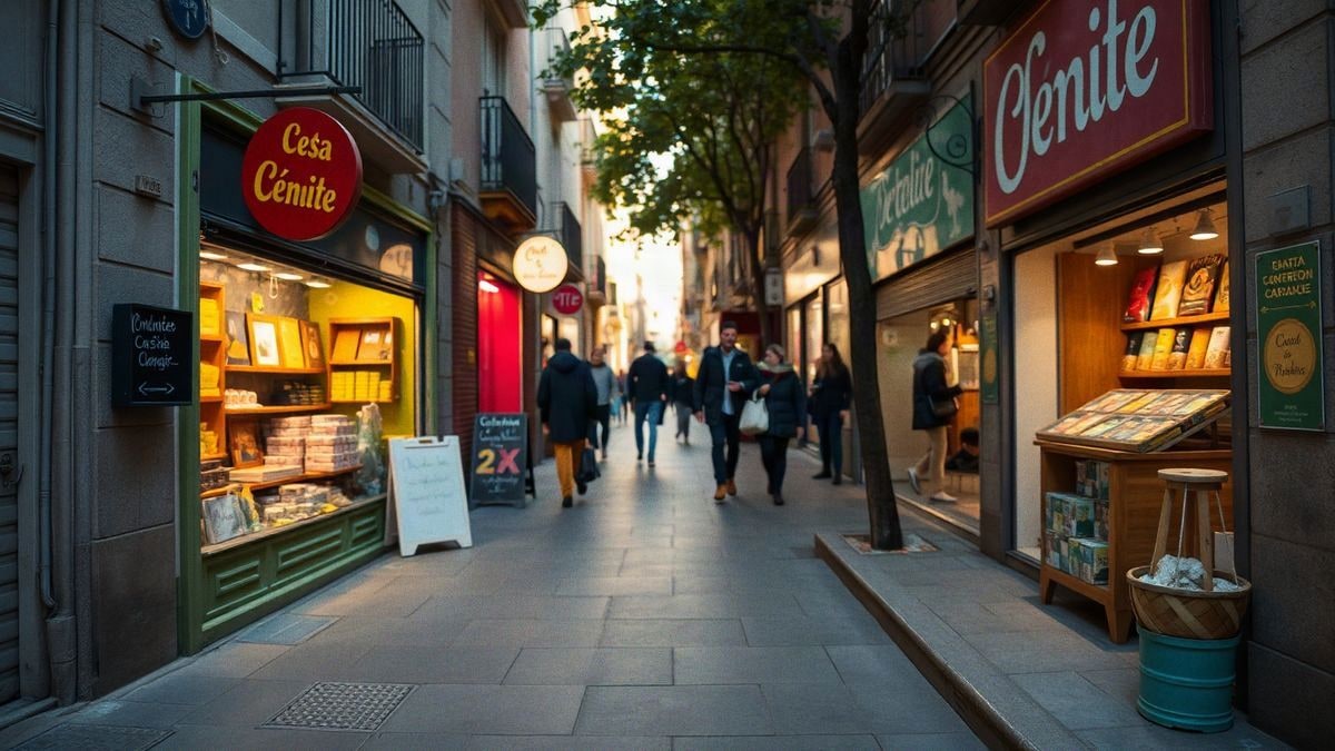 A cozy street in Barcelona with colorful shops and a vibrant urban atmosphere in the evening light.
