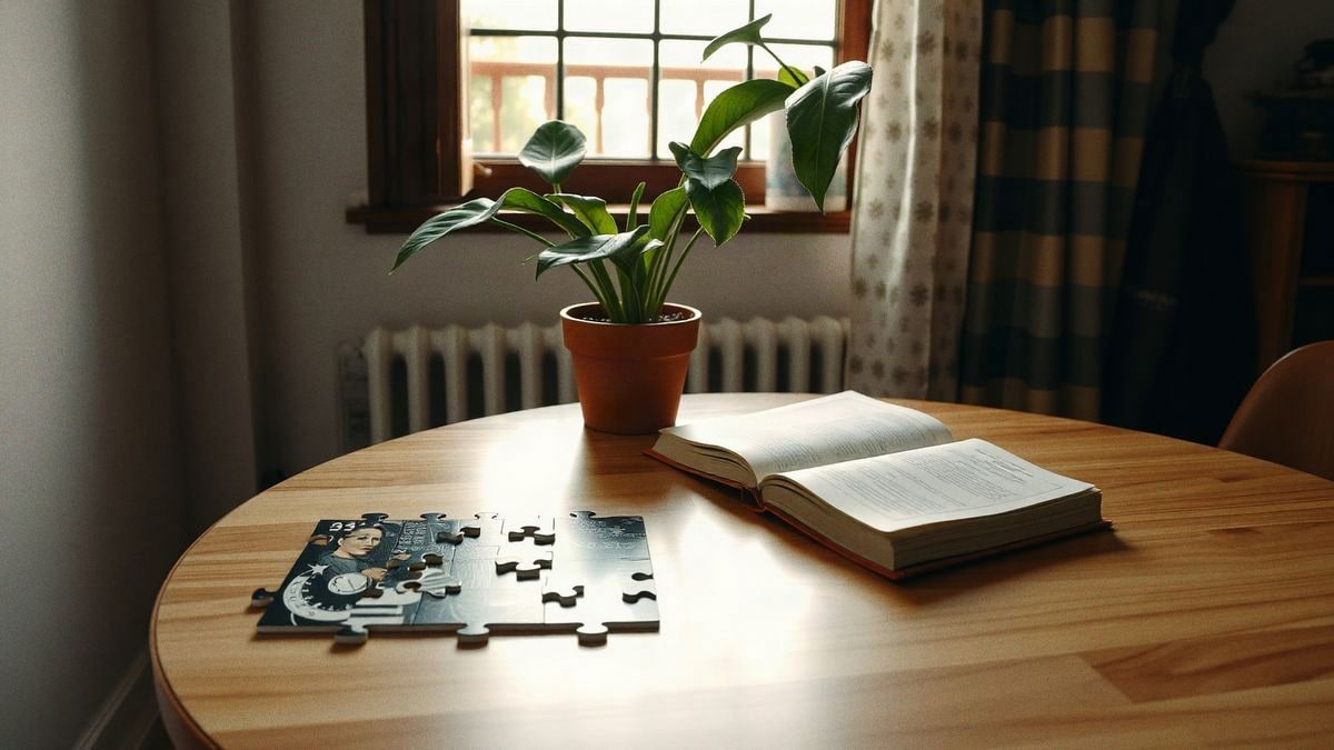 Cozy scene with a table featuring a puzzle, a book, and a plant, illuminated by natural light.