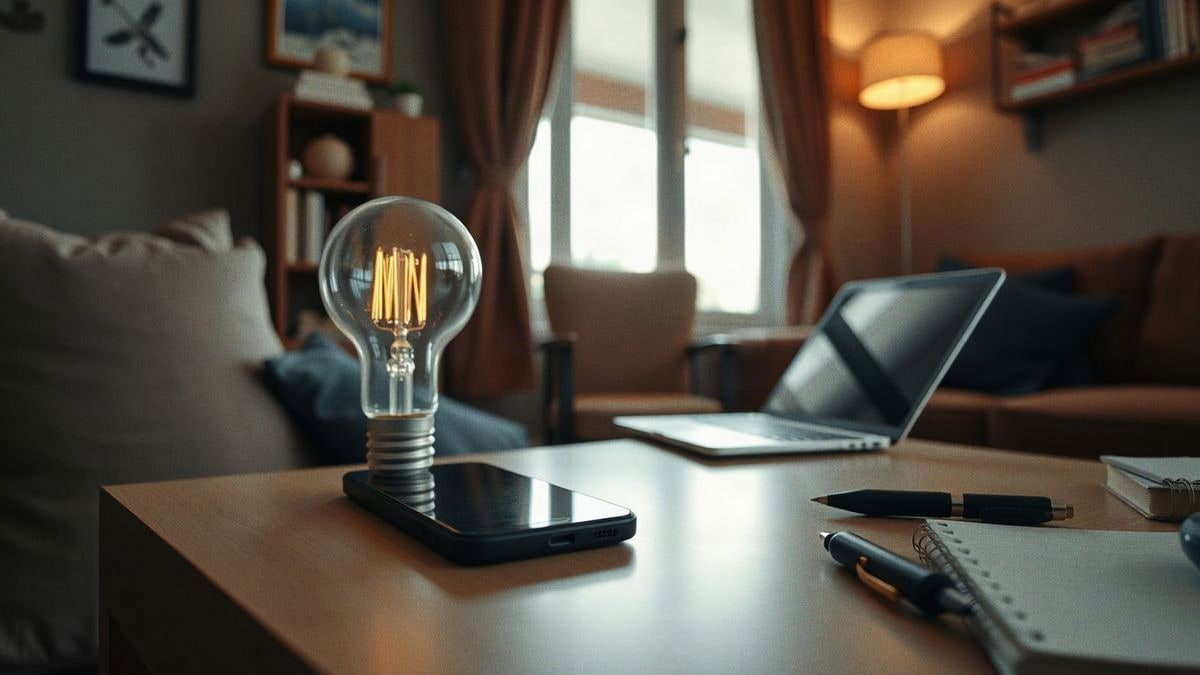 Cozy living room with a smartphone and a light bulb on the table, illuminated by natural light.