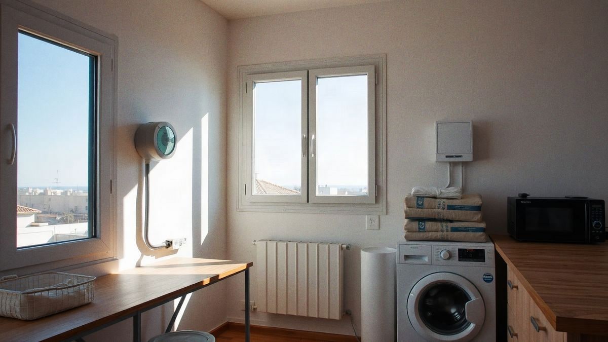 Bright room with a modern electric meter and efficient appliances, highlighting energy savings.