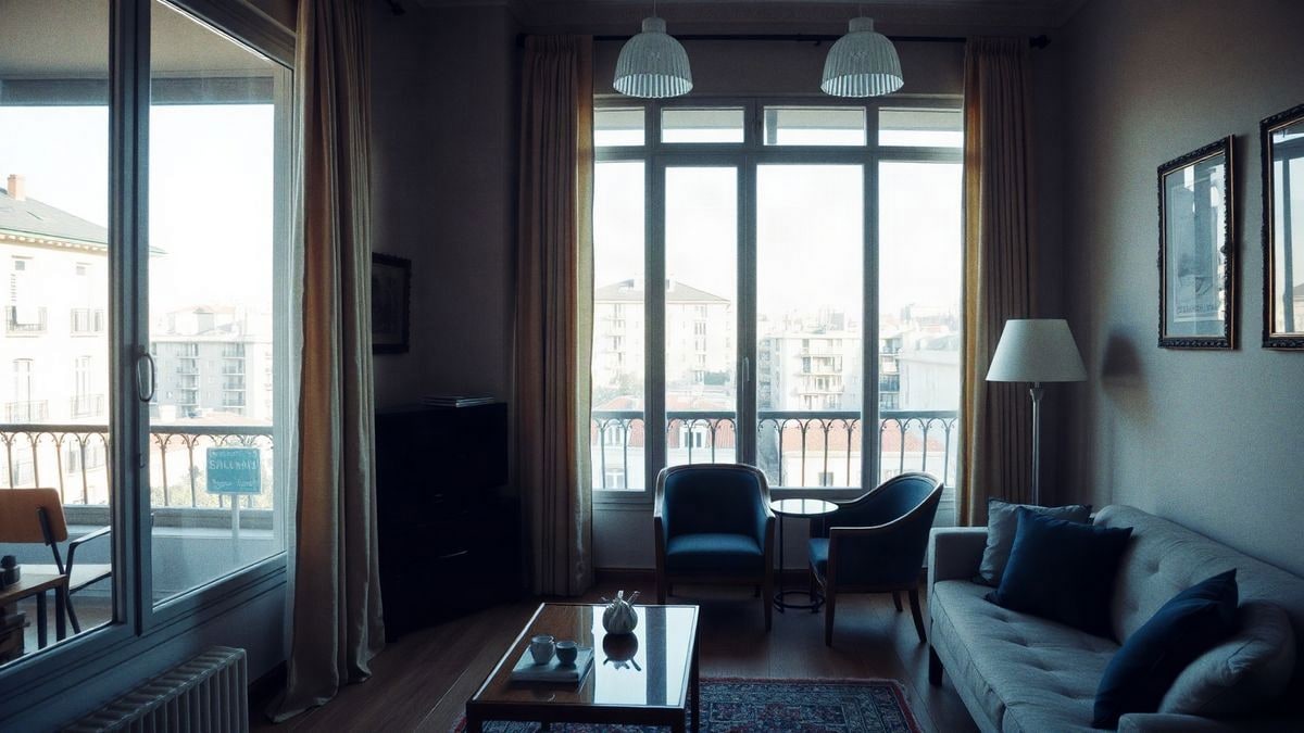 Cozy interior of an apartment in Barcelona with natural light, elegant furniture, and a city view.