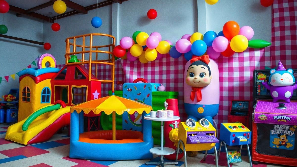 Un colorido centro de juegos para niños decorado para una fiesta de cumpleaños con estructuras de juego y globos.