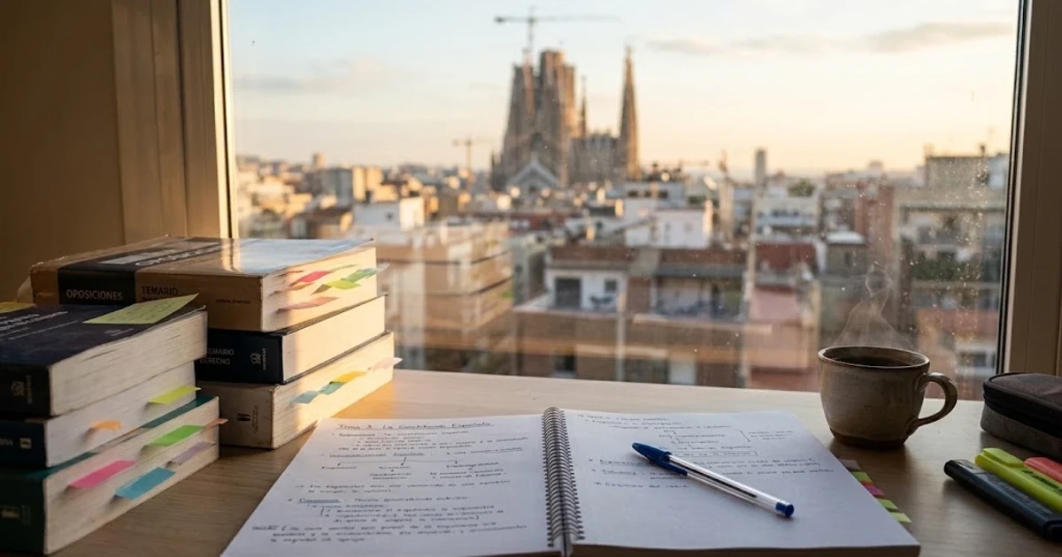 Un escritorio de estudio iluminado por luz cálida de ventana, con apuntes abiertos