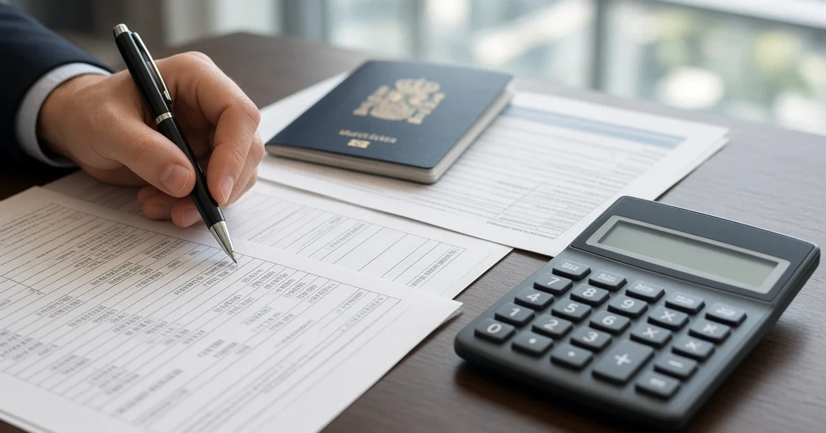 Tax documentation, calculator, and passport for applying for the Beckham Law in Spain.