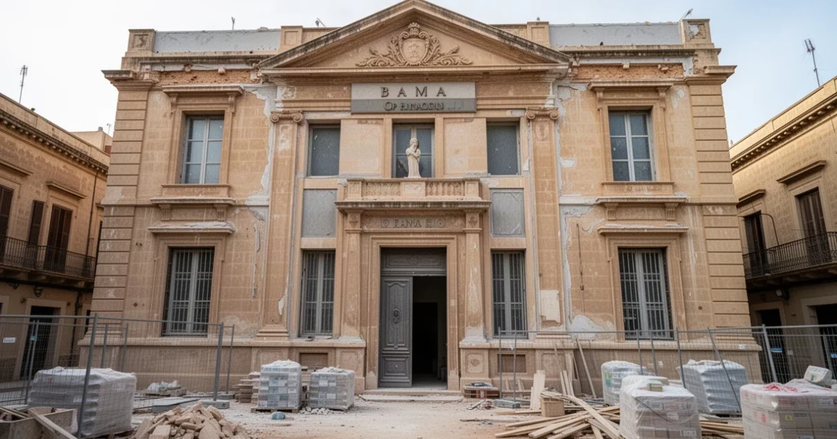Fachada antigua del Banco de España en Tarragona con materiales de construcción alrededor