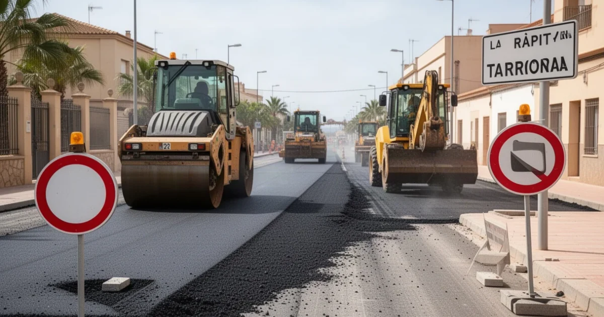 Obras de asfaltado en una calle de La Ràpita