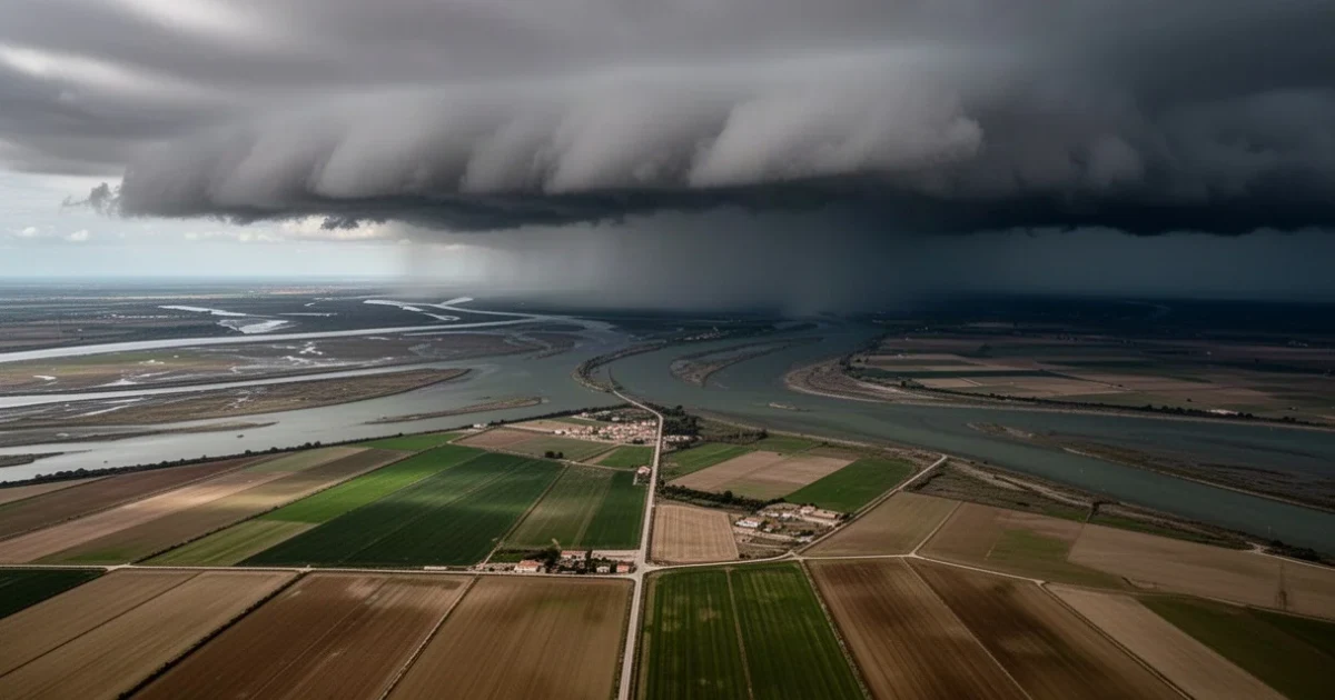 Vista aérea del paisaje del Delta del Ebro con nubes tormentosas