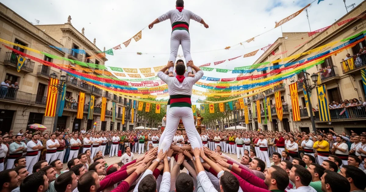 Construcción tradicional de torres humanas durante una fiesta popular catalana