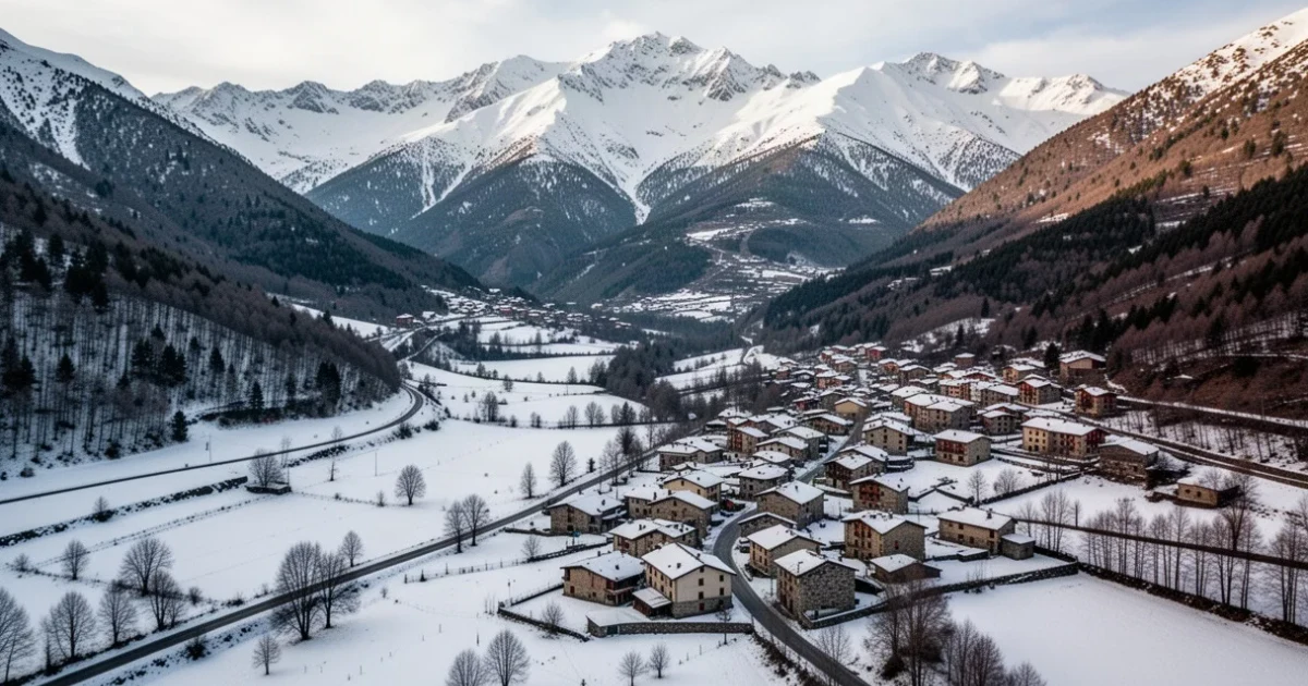 Scenic view of traditional architecture in Vielha surrounded by mountains