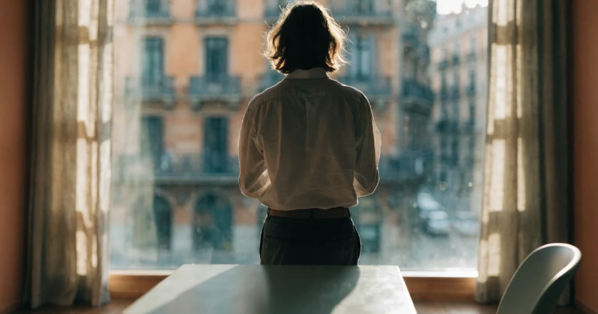 Person looking out of a large window at an apartment building in Barcelona.