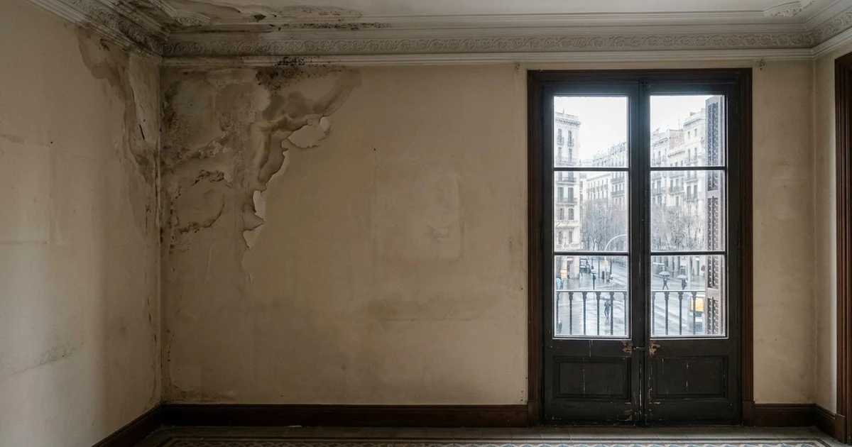 Damp stain from water infiltration on the wall of an old flat in Barcelona after autumn rains