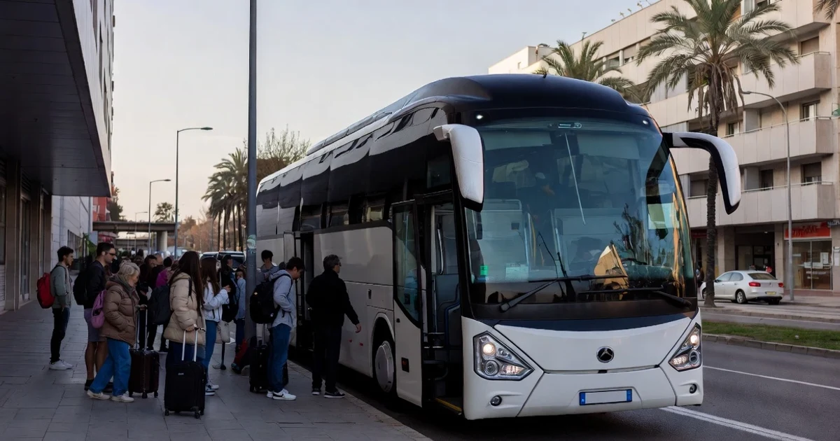 Grupo de personas subiendo a un autocar en Barcelona.