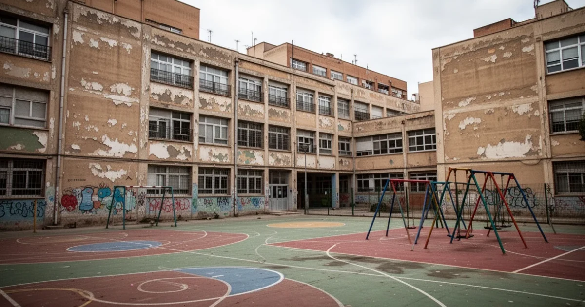 Urban school building with empty playgrounds representing educational challenges