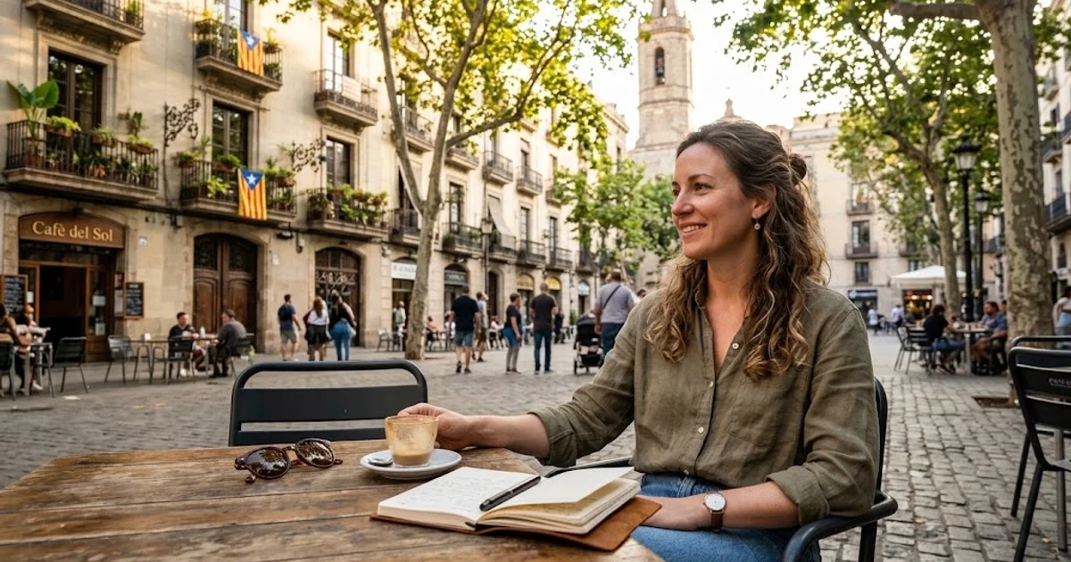 Mujer disfrutando de un café en Barcelona.