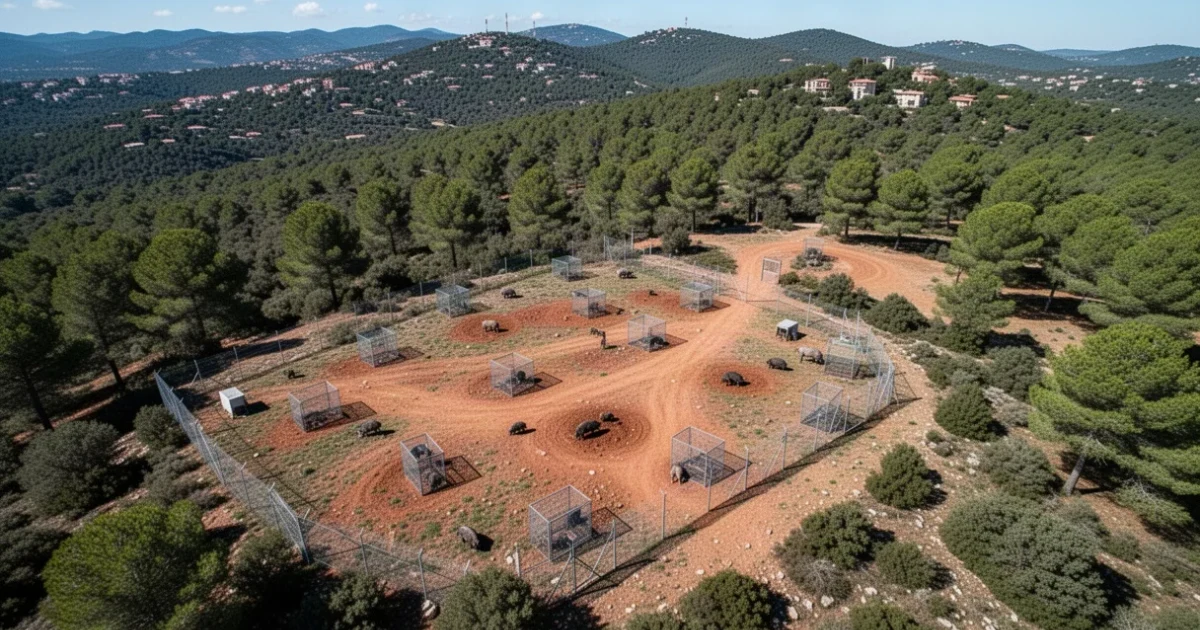 Vista aérea del Parque Natural Collserola con trampas instaladas para controlar jabalíes.