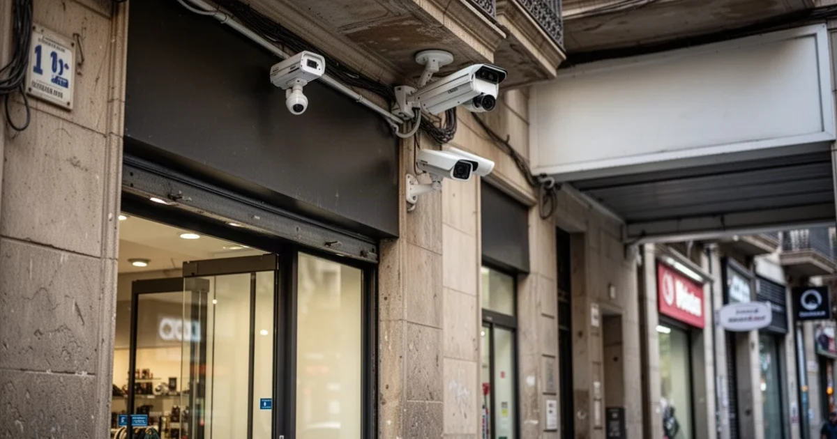 Street view of electronic shops and restaurants in Poblenou district
