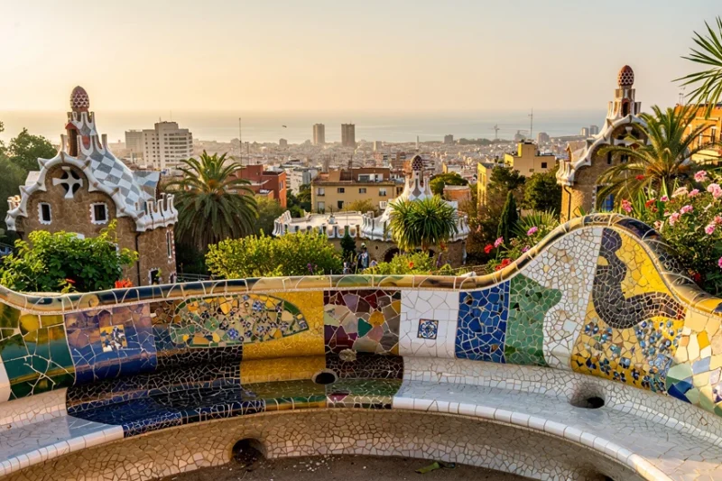 Vista panorámica del Parque Güell en Barcelona con mosaicos coloridos