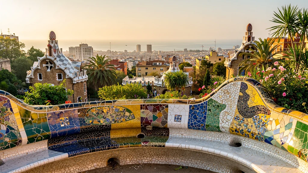 Vista panorámica del Parque Güell en Barcelona con mosaicos coloridos