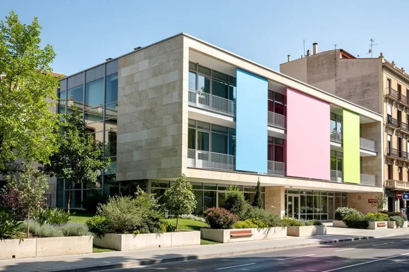 Edificio educativo moderno en Barcelona con elementos visuales sobre reformas educativas.