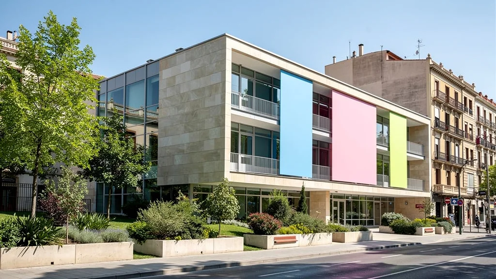 Edificio educativo moderno en Barcelona con elementos visuales sobre reformas educativas.