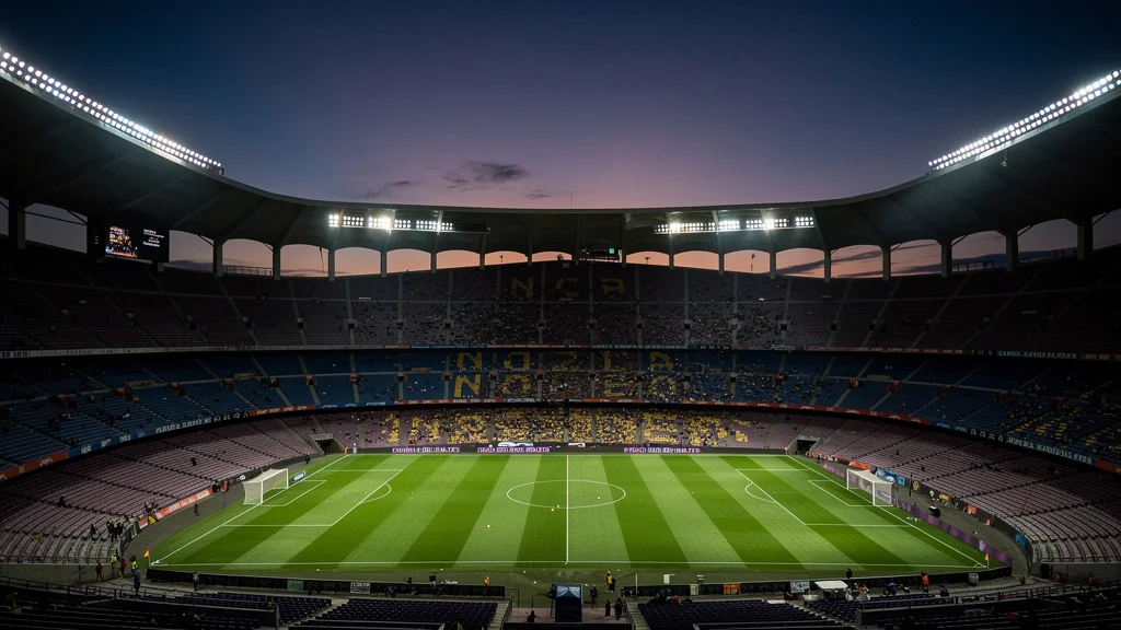 Vista nocturna del Camp Nou vacío con luces encendidas