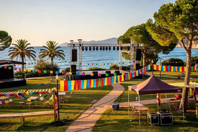 Escena festiva veraniega en la comarca del Maresme con escenarios musicales