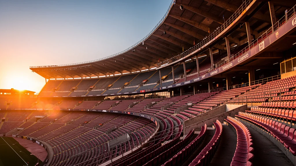 Vista cercana del estadio Camp Nou vacío al atardecer