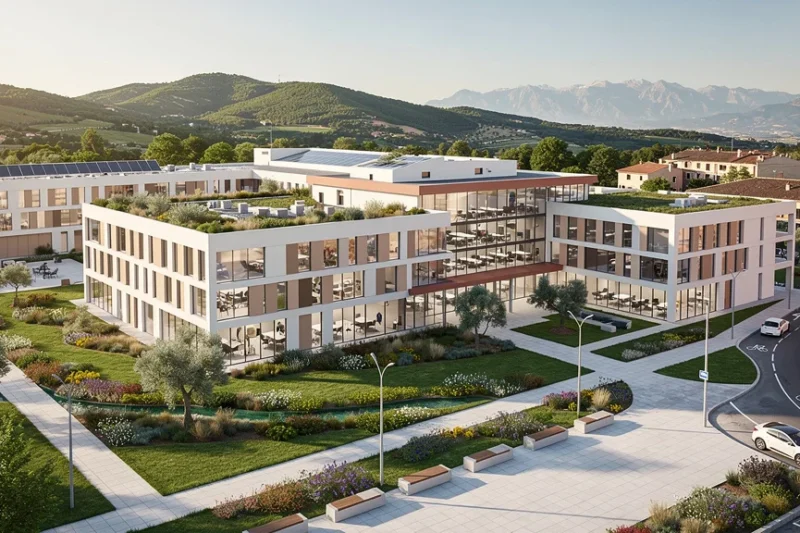 Renderizado arquitectónico moderno del Campus de Salud en Girona