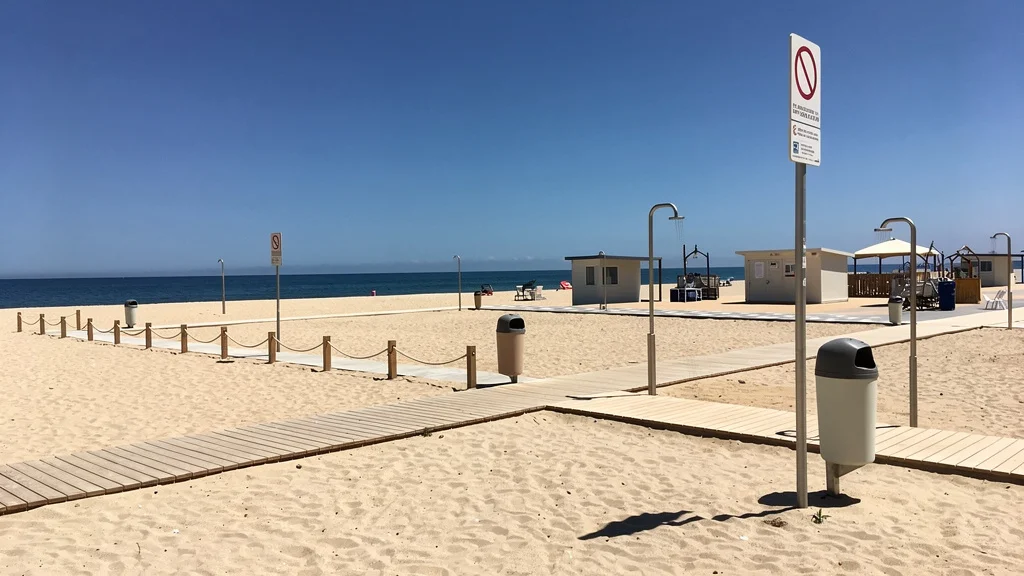 Vista panorámica de la playa de Mataró con instalaciones limpias y señalización sobre zonas libres de humo.