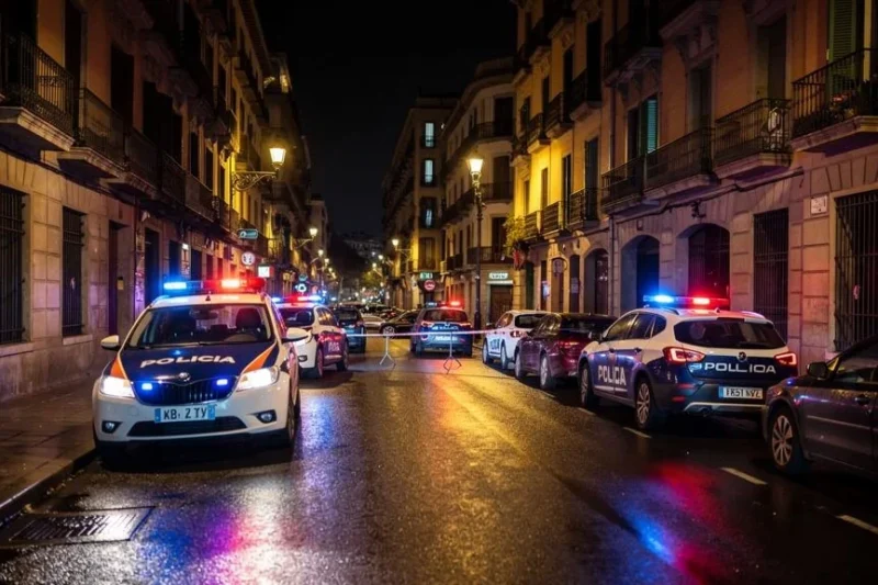 Escena nocturna con vehículos policiales durante un operativo en Barcelona