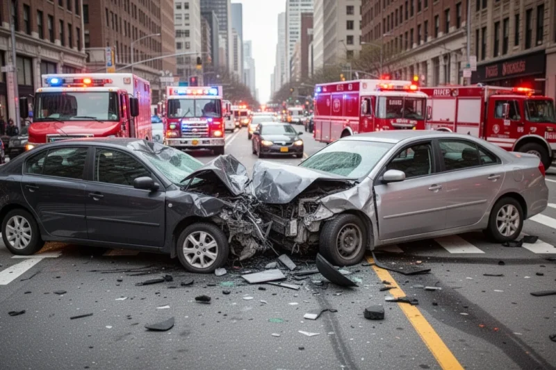 Damaged vehicles at an intersection following a serious traffic accident