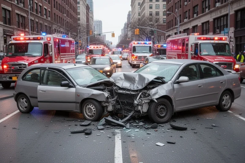 Accidente de tráfico con vehículos dañados y presencia de servicios de emergencia