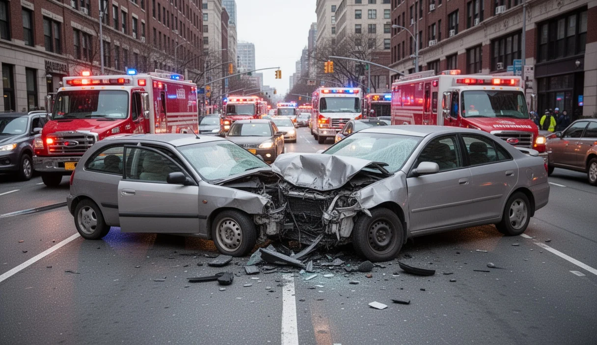 Damaged vehicles at an intersection following a serious traffic accident