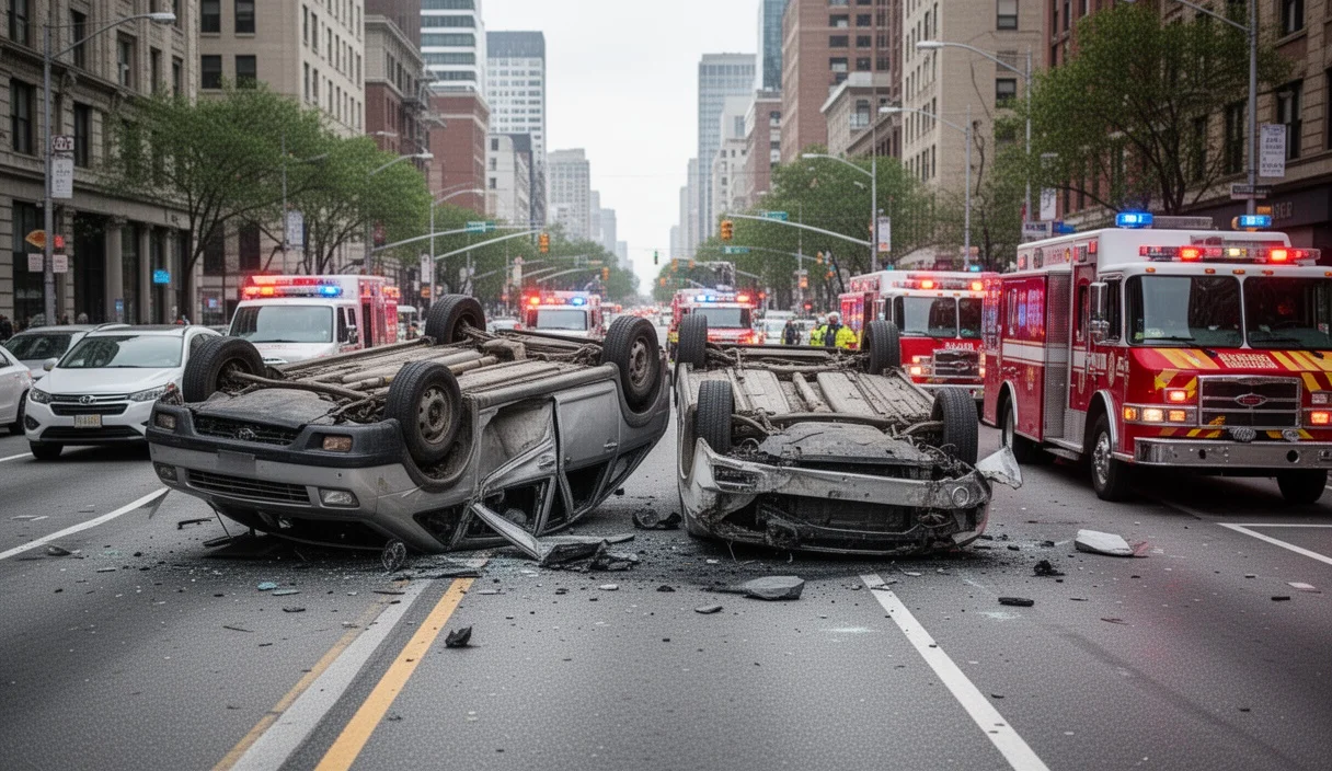 Escena del accidente con vehículos volcadios y presencia policial