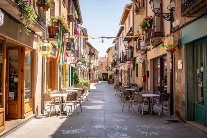 Escena colorida con fachadas comerciales decoradas para un festival artístico en Arenys de Munt
