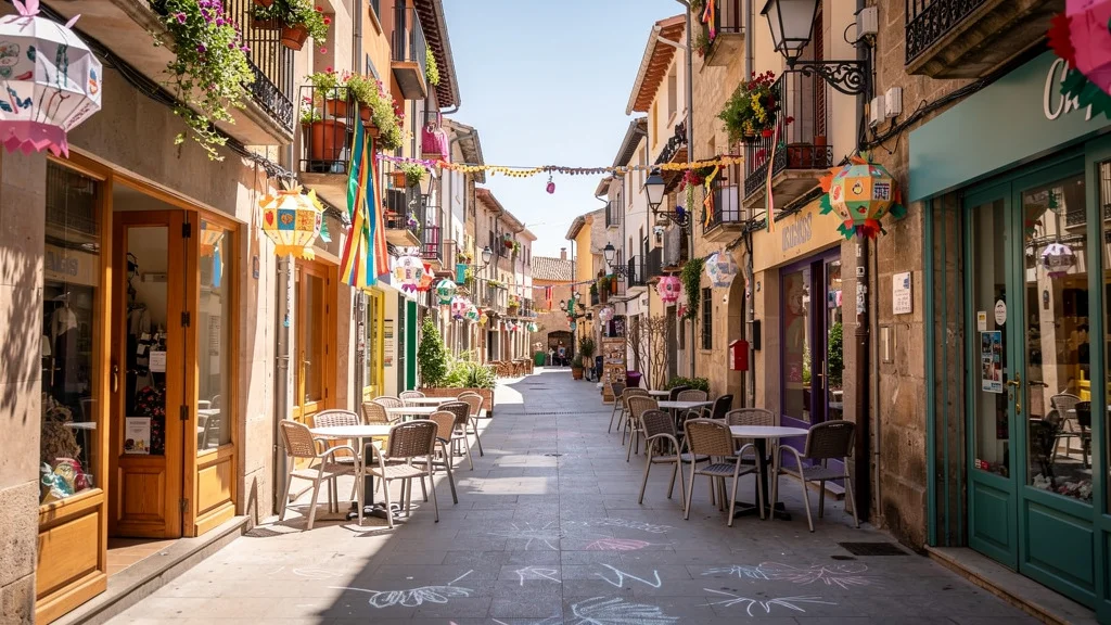 Escena colorida con fachadas comerciales decoradas para un festival artístico en Arenys de Munt
