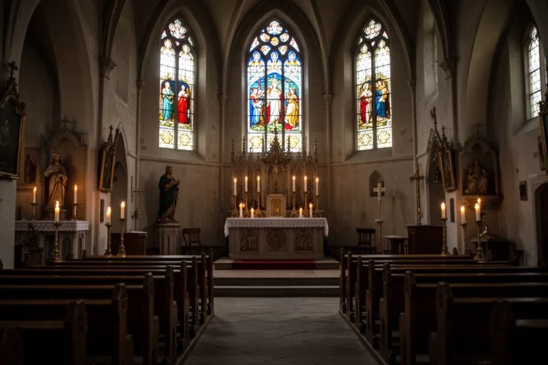 Empty interior of a church highlighting pews and altar