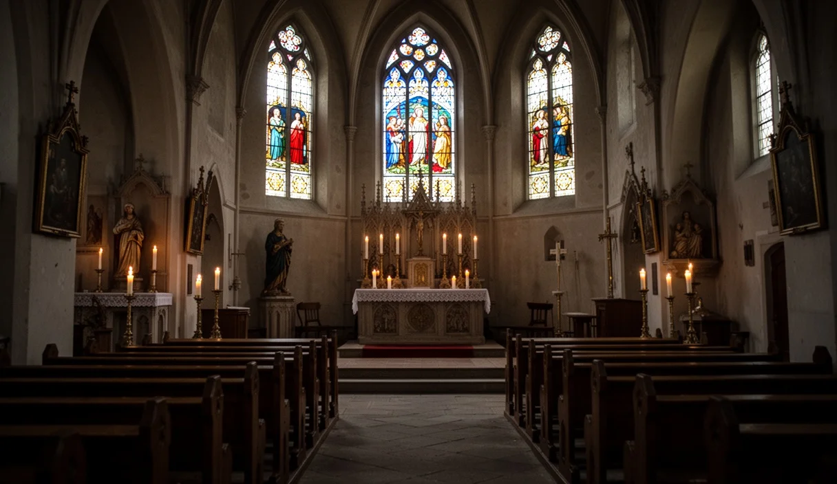 Empty interior of a church highlighting pews and altar