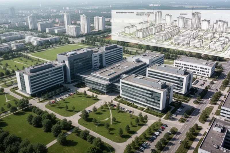 Vista aérea del campus hospitalario proyectado con áreas verdes y planes urbanísticos