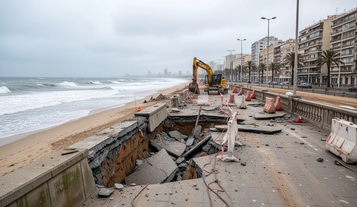 Construction site at Barca Maria beach showing repair work after storm damage