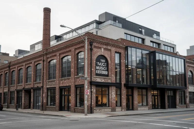 Renovation scene of an old factory transforming into a cultural center