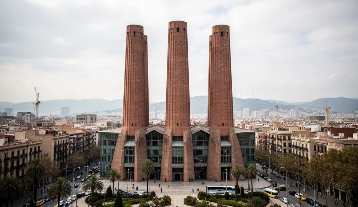 Vista icónica del edificio Tres Xemeneies en Barcelona