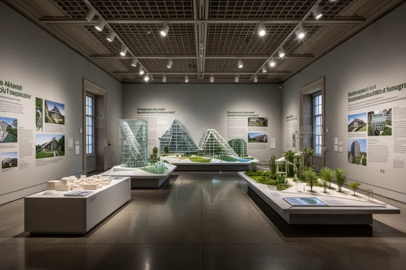 Exposición sobre arquitectura moderna y sostenible en un museo