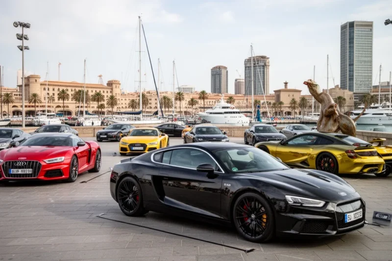 Escena artística con coches de lujo expuestos en el Puerto de Barcelona durante Autoart World
